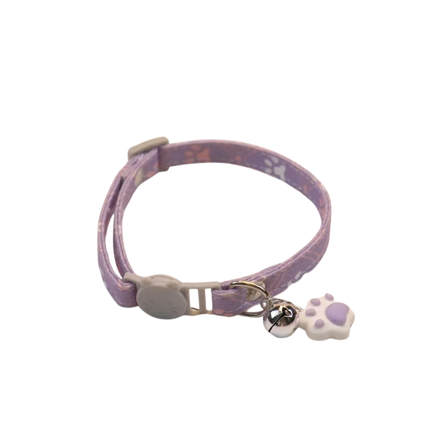 Collier chat violet avec pendentif patte et grelot, accessoire pour chien ou gamelle.
