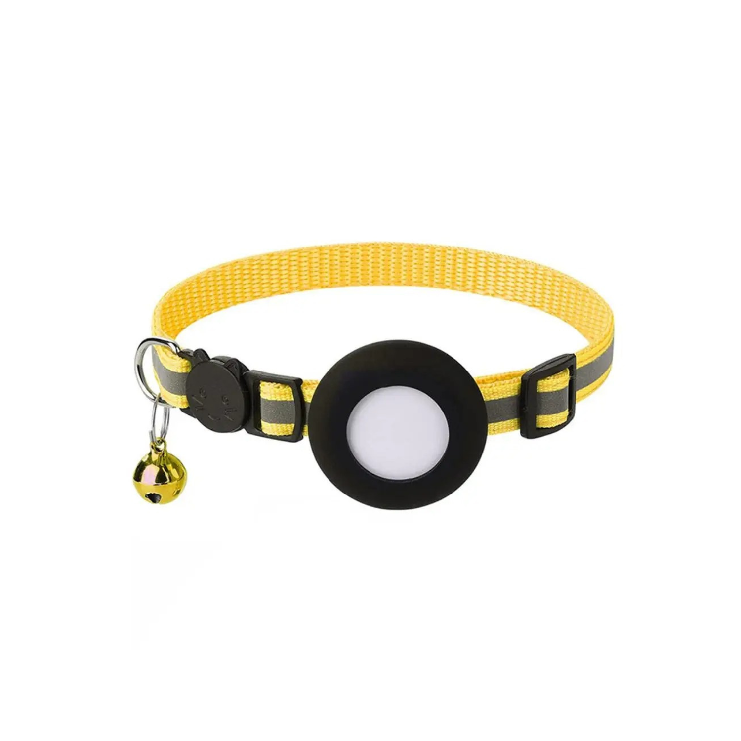 Collier chat jaune réfléchissant avec porte AirTag et petit grelot pour chien.