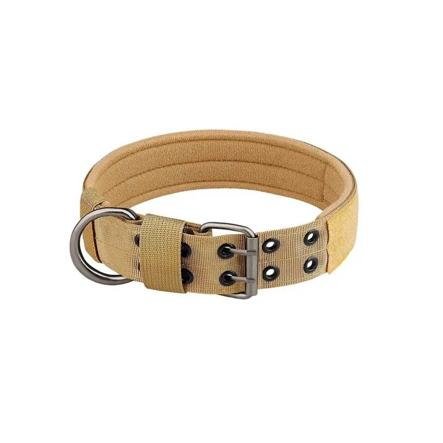 Collier chien style militaire en tissu kaki avec boucle métallique et œillets renforcés.