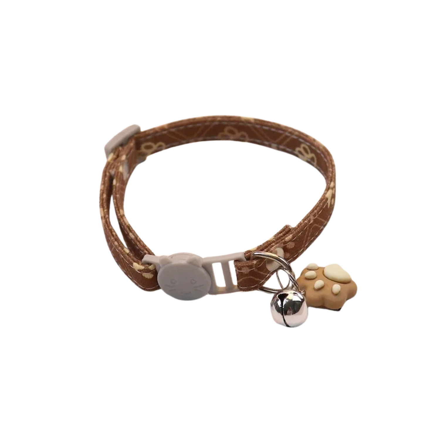 Collier chien marron avec motif pattes et petite clochette attachée.