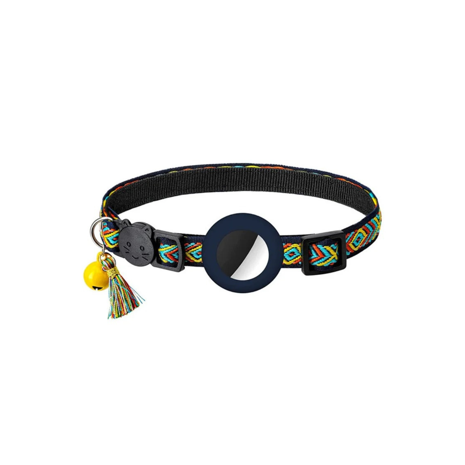 Collier chat noir avec motif coloré, clochette jaune et petit pompon, fermeture sécurité.
