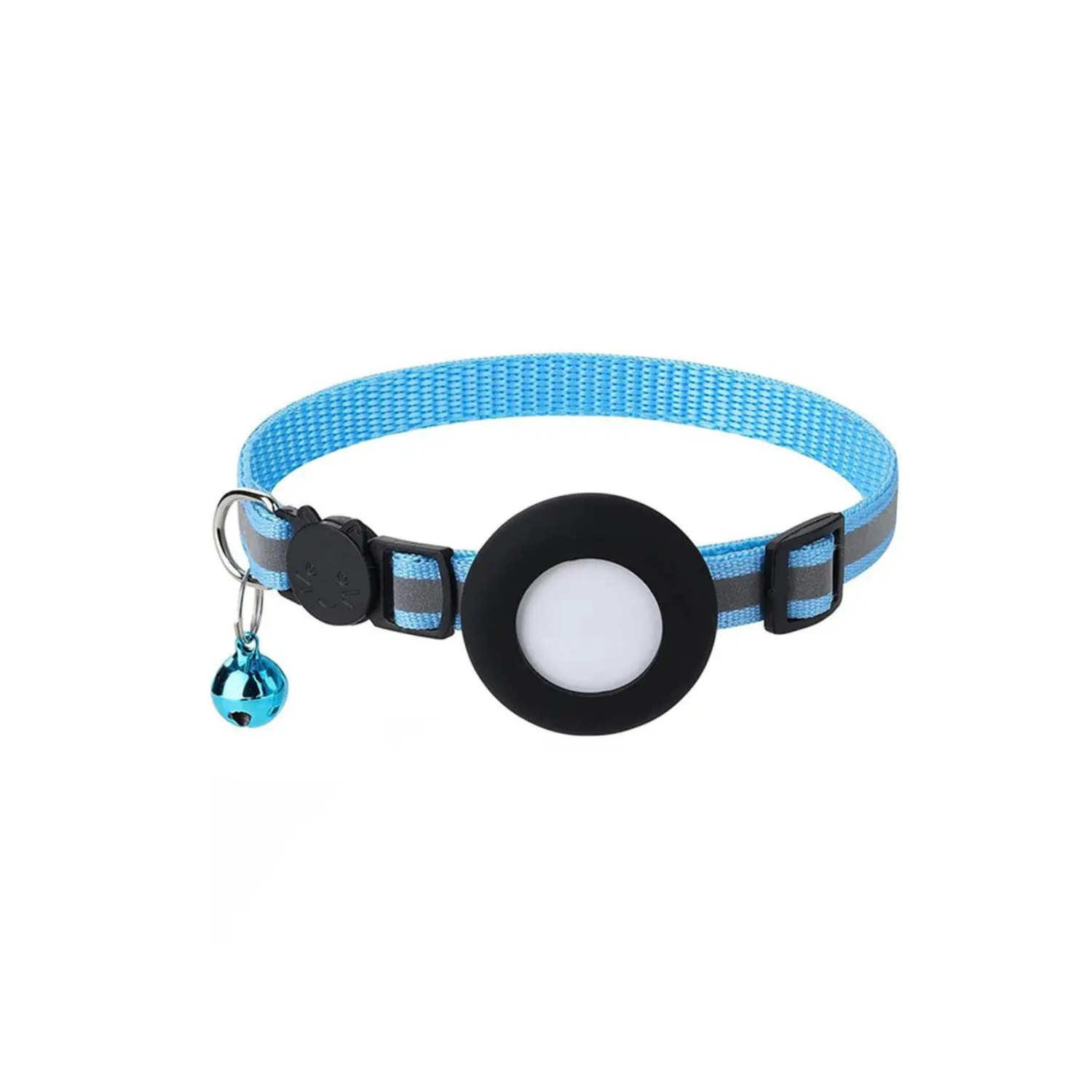 Collier bleu clair avec porte AirTag réfléchissant et petite clochette pour chien ou chat.