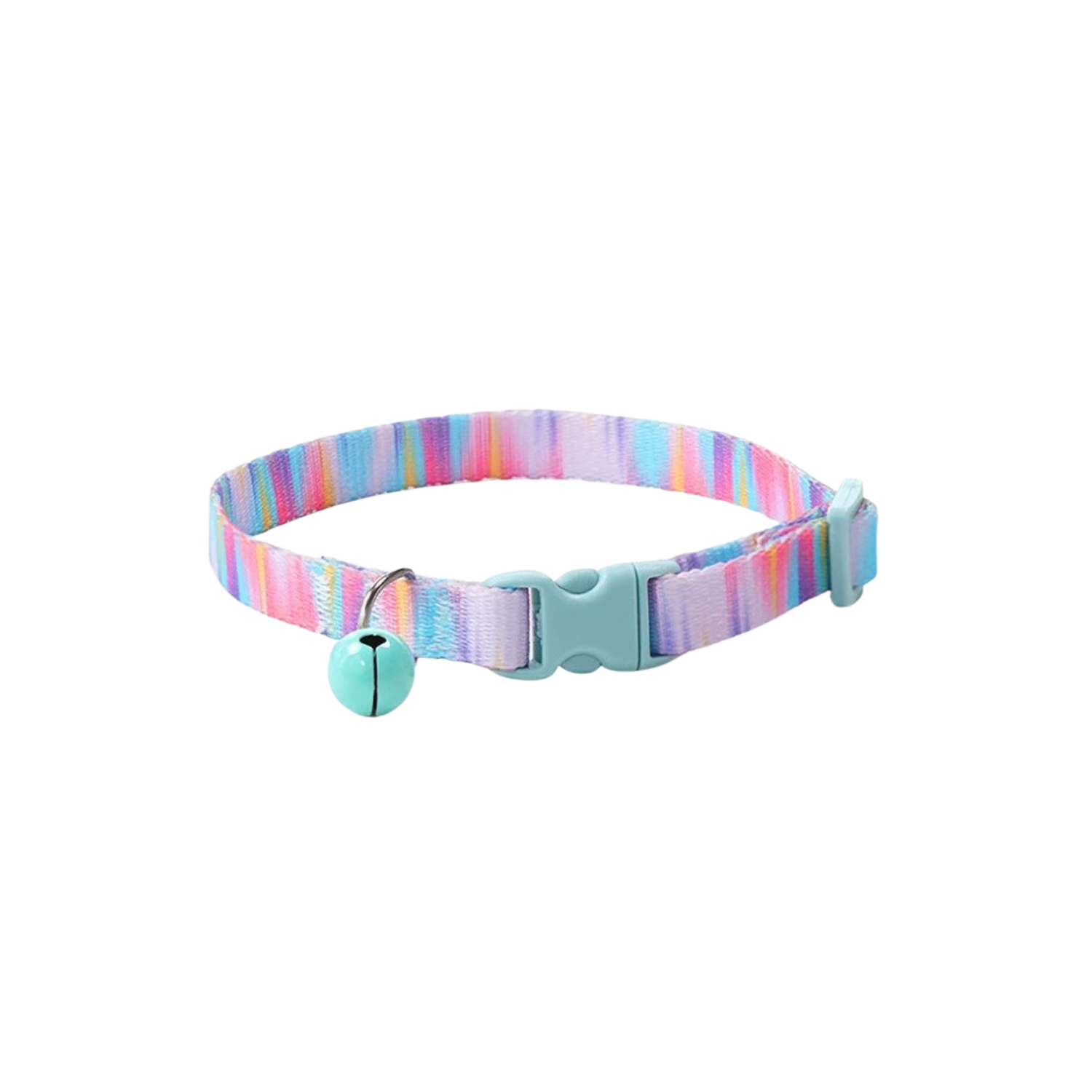 Collier chat multicolore avec petit grelot bleu, complément pour laisse et gamelle chien.