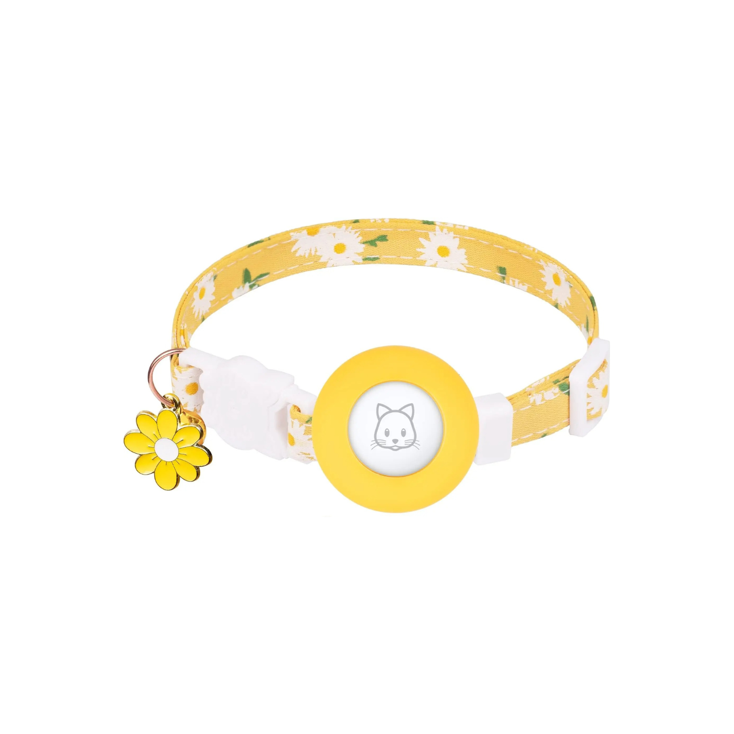 Collier chat jaune avec porte Airtag fleur et pendentif marguerite.