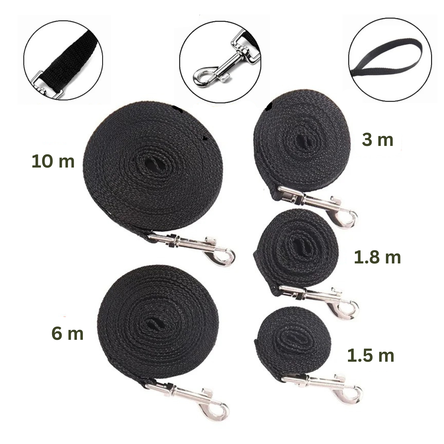 Laisse noire en corde avec mousqueton en métal, plusieurs longueurs, pour chien et collier.