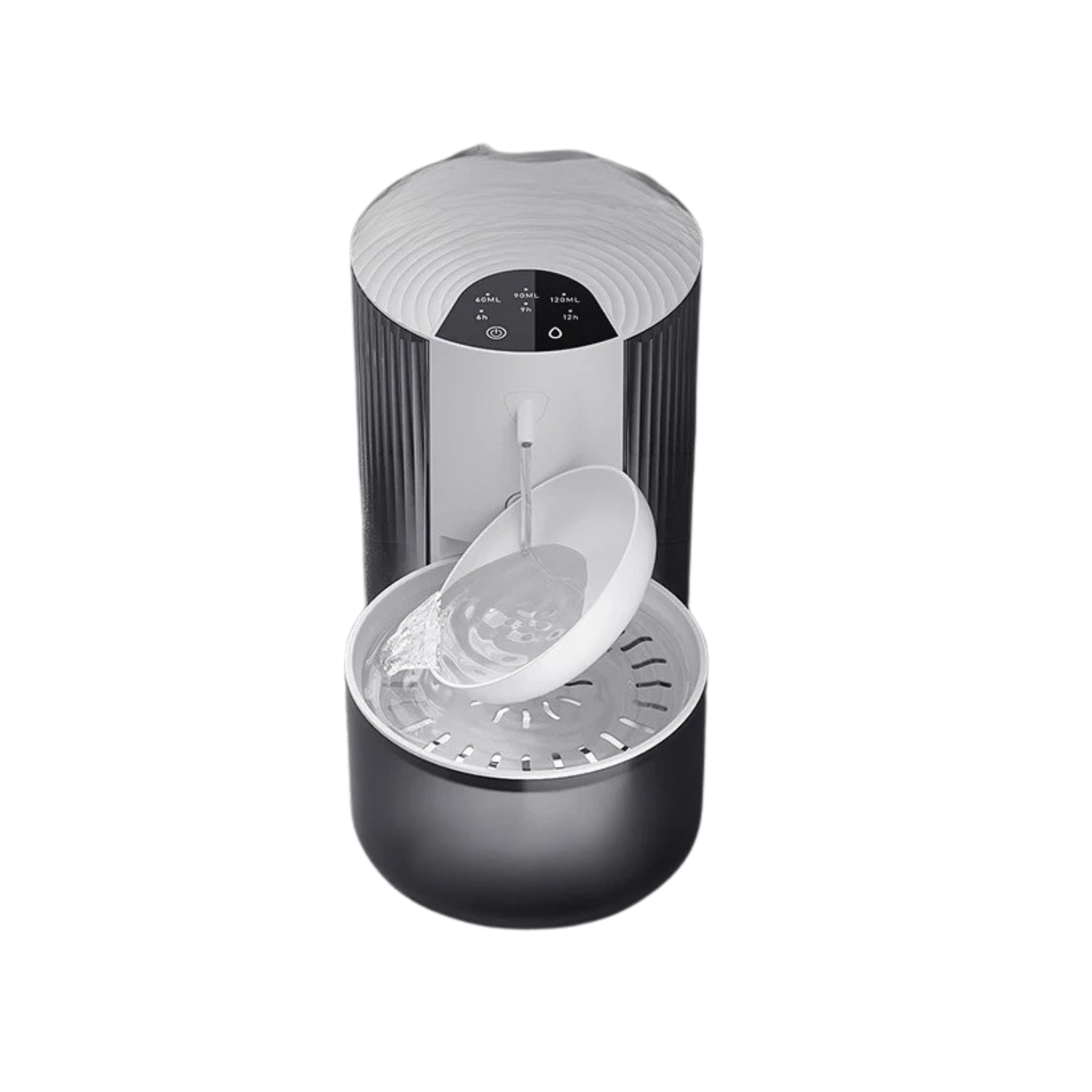 Fontaine à eau noire pour chat avec gamelle intégrée design moderne, compatible avec collier et laisse chien.