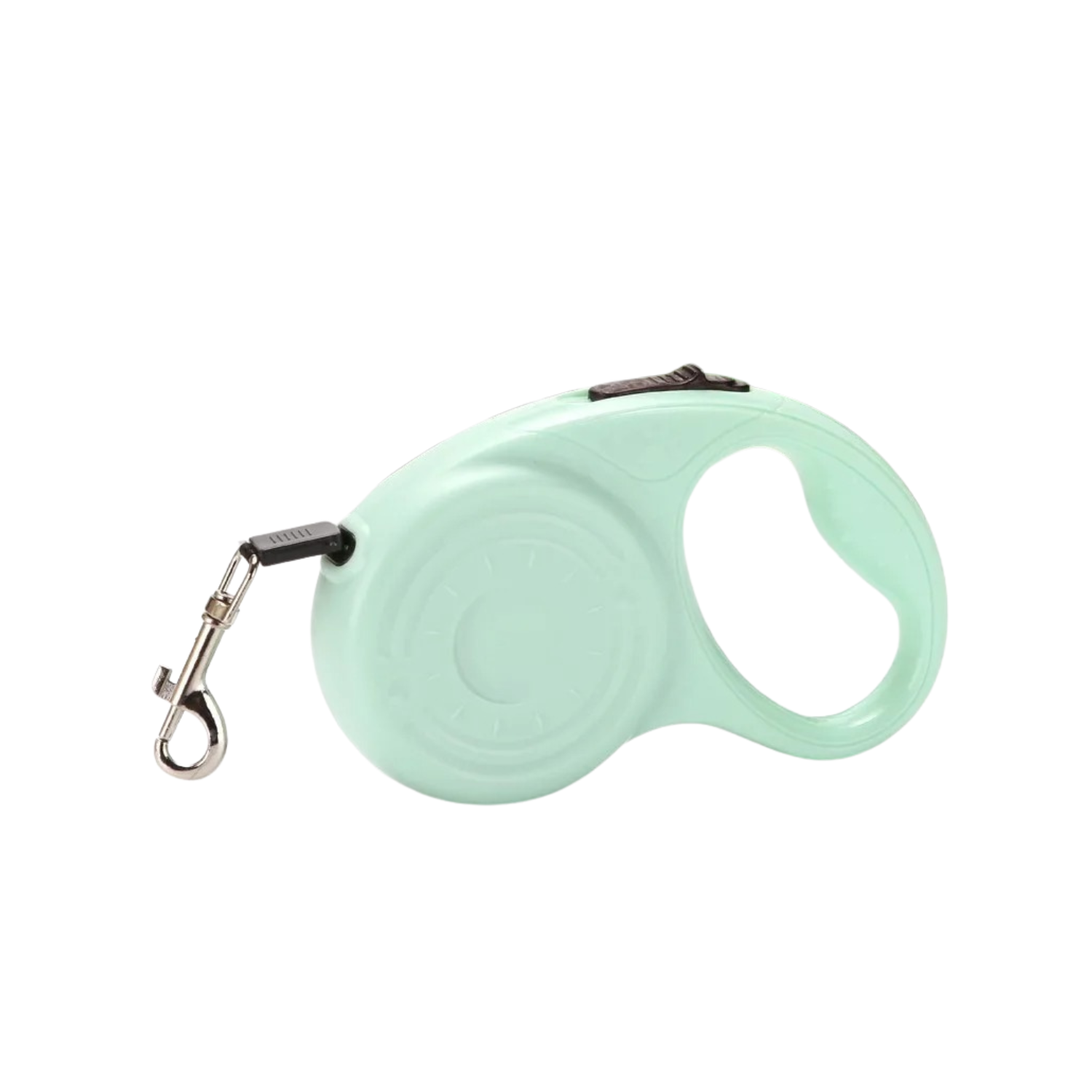 Laisse enrouleur vert pastel avec poignée ergonomique et clip métallique pour chien.