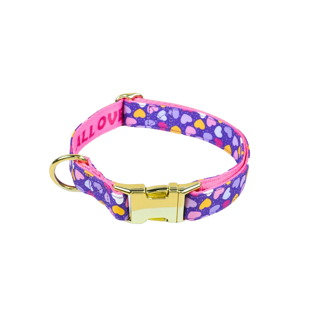 Collier pour chien violet à motifs de cœurs avec boucle dorée robuste.