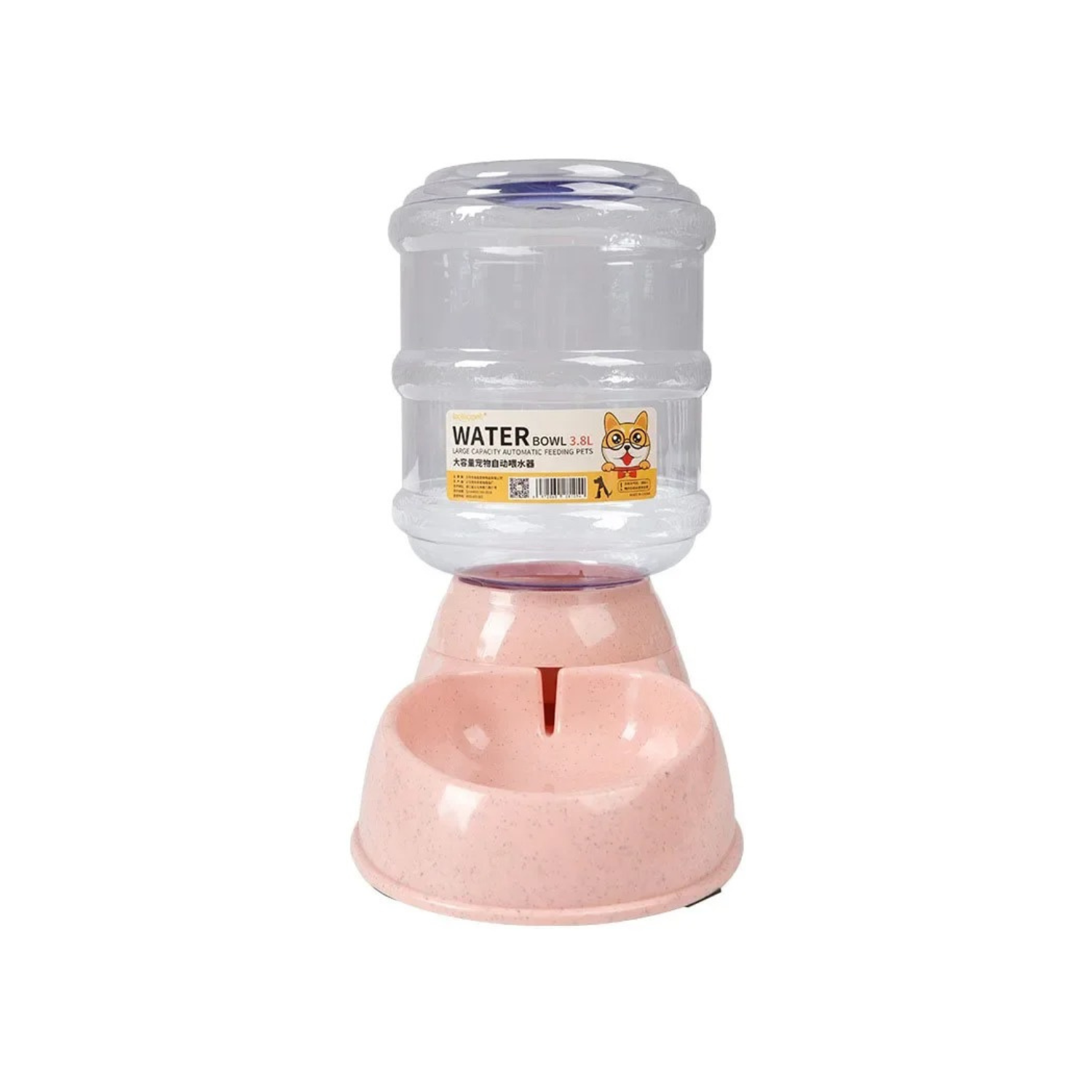 Distributeur d'eau rose avec gamelle intégrée pour chien, compatible avec laisse et collier.