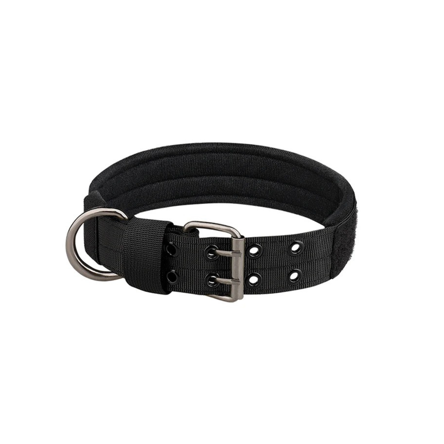 Collier chien style militaire noir avec boucle métal et trous réglables.