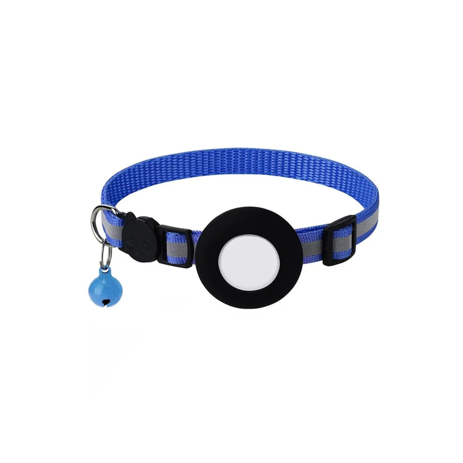 Collier bleu saphir réfléchissant avec porte AirTag et grelot pour chien ou chat.