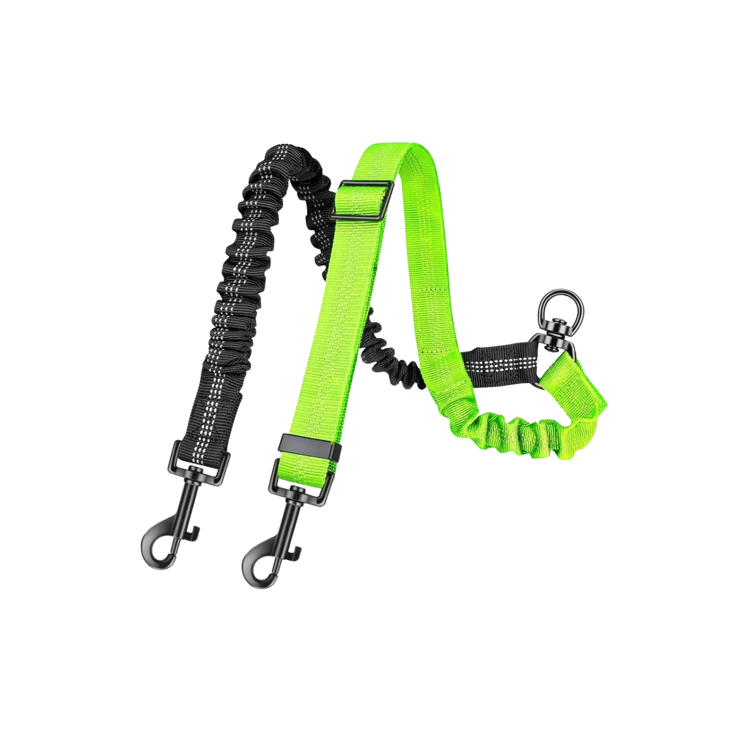 Laisse double stretch vert fluo avec mousquetons pour chien et collier.