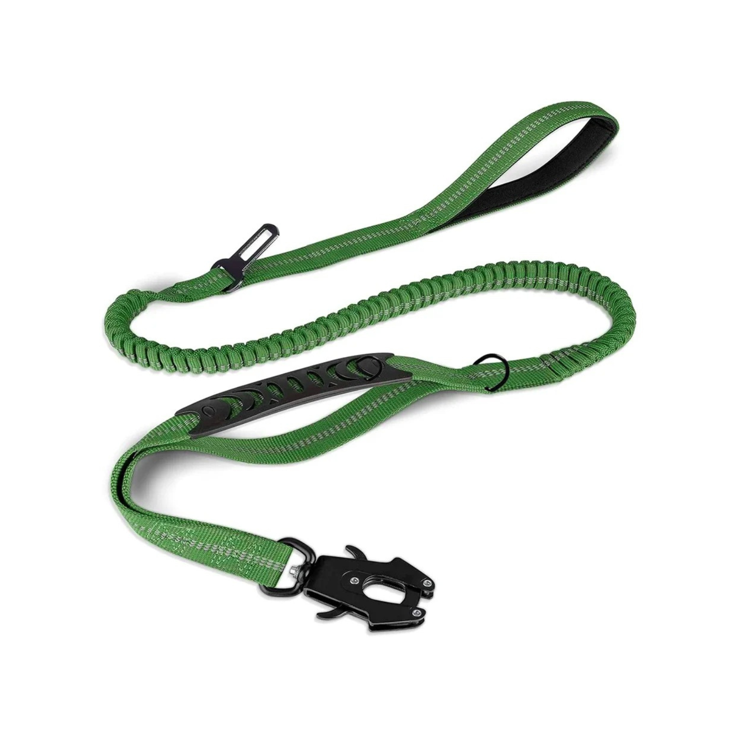 Laisse de sécurité verte avec absorption de chocs et fixation pour collier chien.