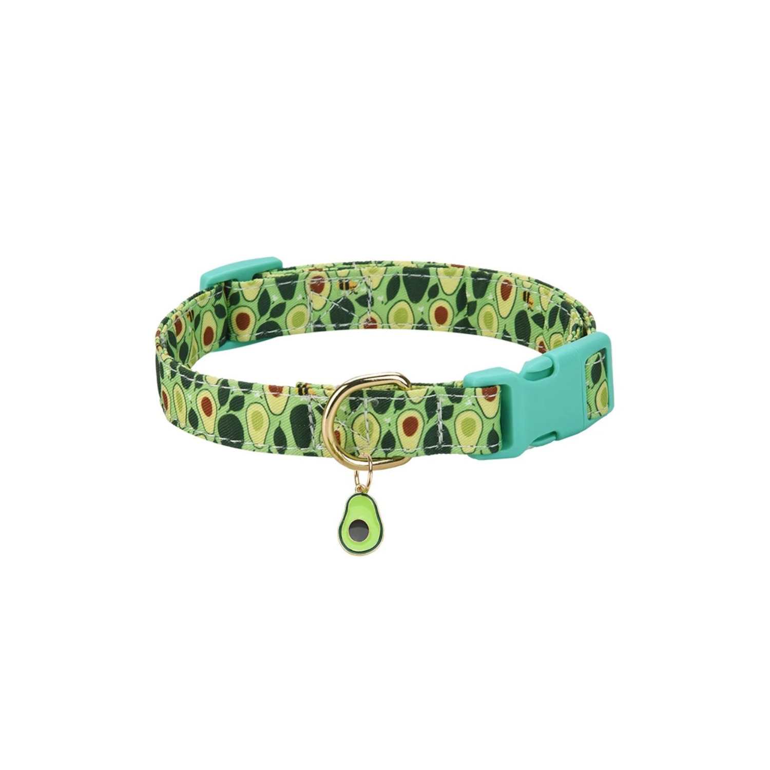 Collier chien vert motif avocats avec breloque avocat et boucle plastique turquoise.