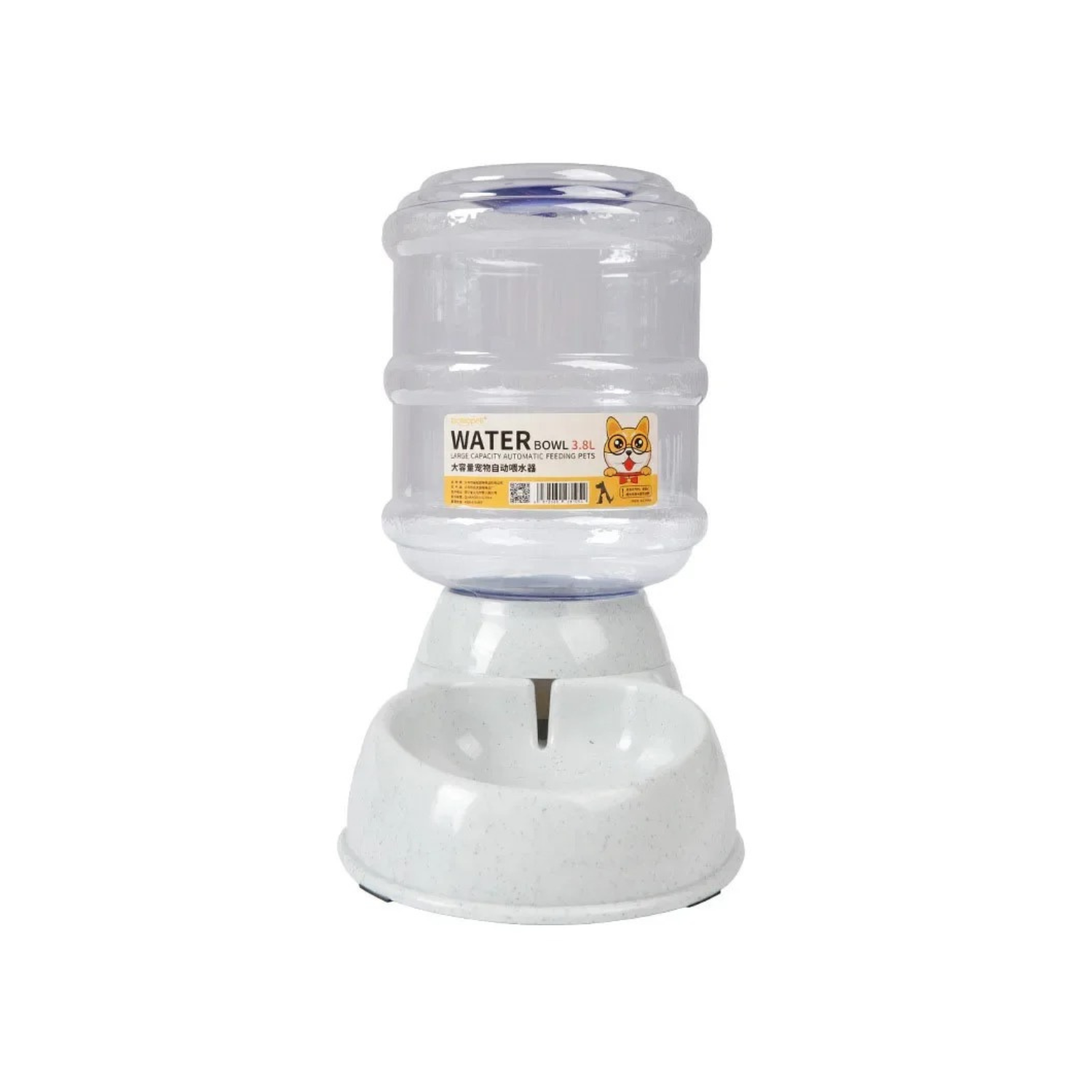 Distributeur d'eau gris pour chien avec gamelle intégrée, compatible avec laisse et collier.