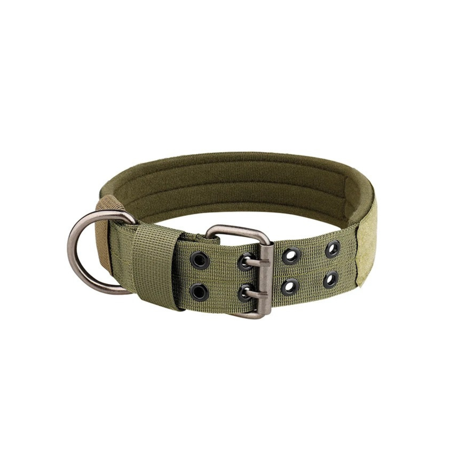 Collier pour chien kaki style militaire en nylon avec boucle et œillets métalliques.
