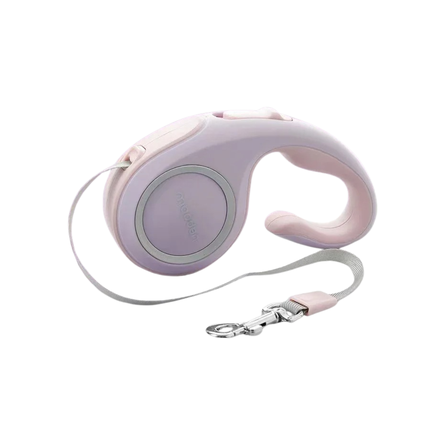 Laisse enrouleur design rose pastel avec poignée ergonomique et clip métal pour chien.