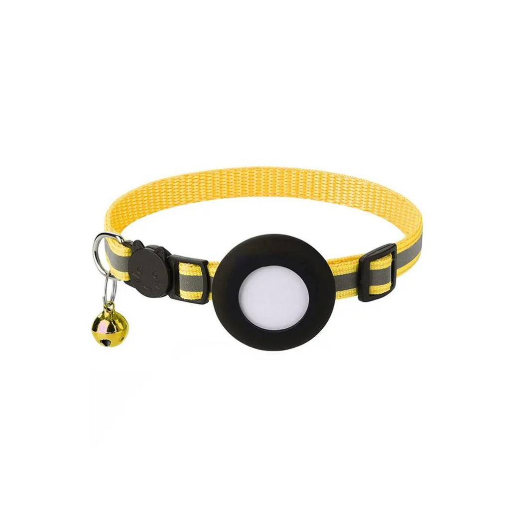 Collier chat jaune réfléchissant avec porte AirTag et petit grelot pour chien.