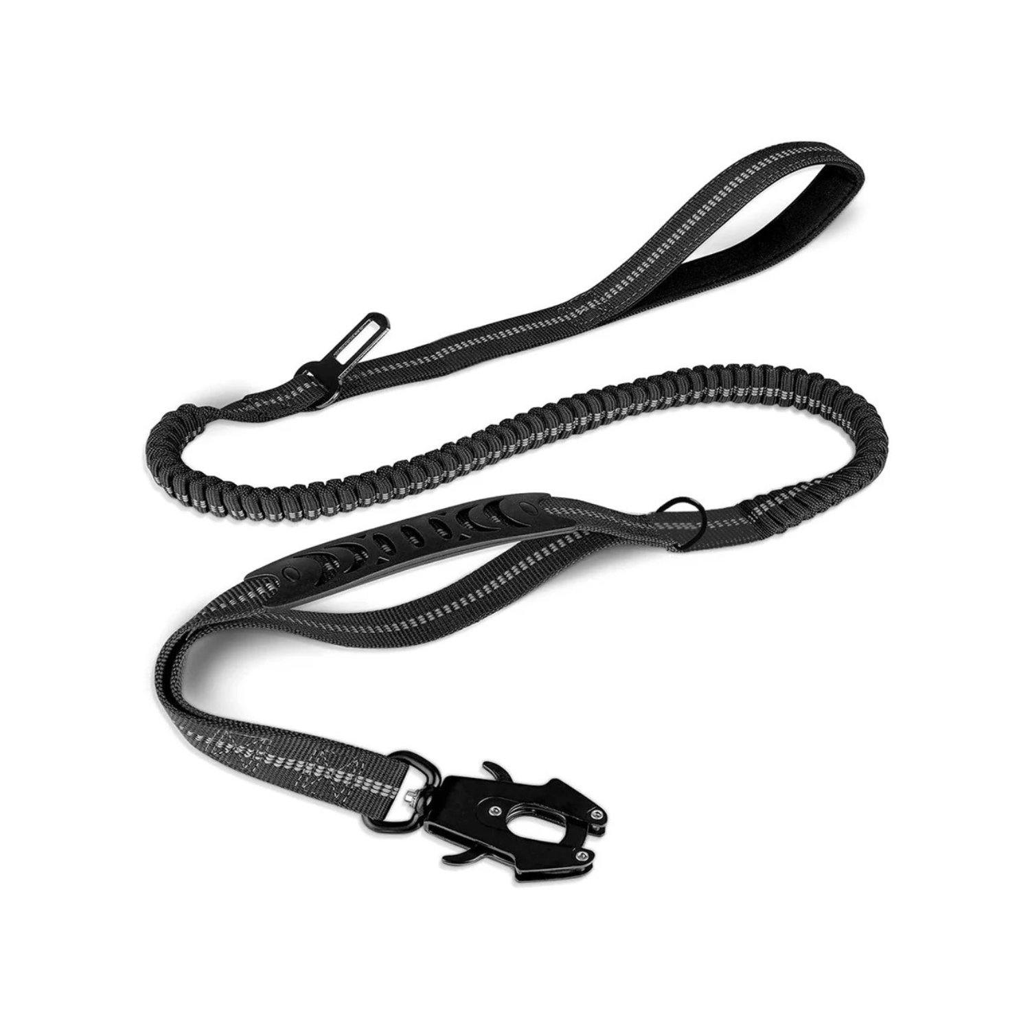 Laisse noire pour chien avec système absorbe-chocs et attache ceinture de sécurité.