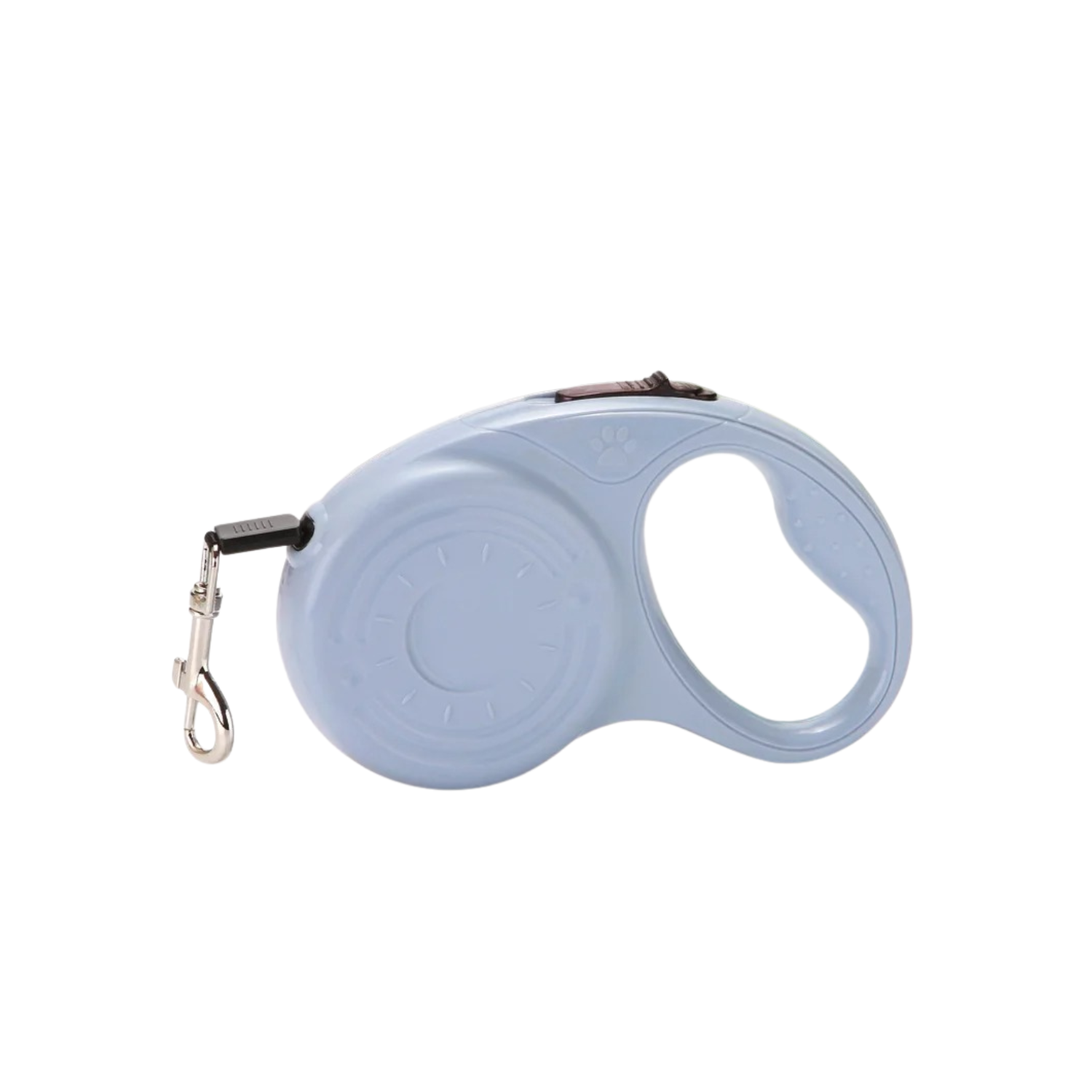 Laisse enrouleur bleu pour chien avec poignée ergonomique et mousqueton métallique.