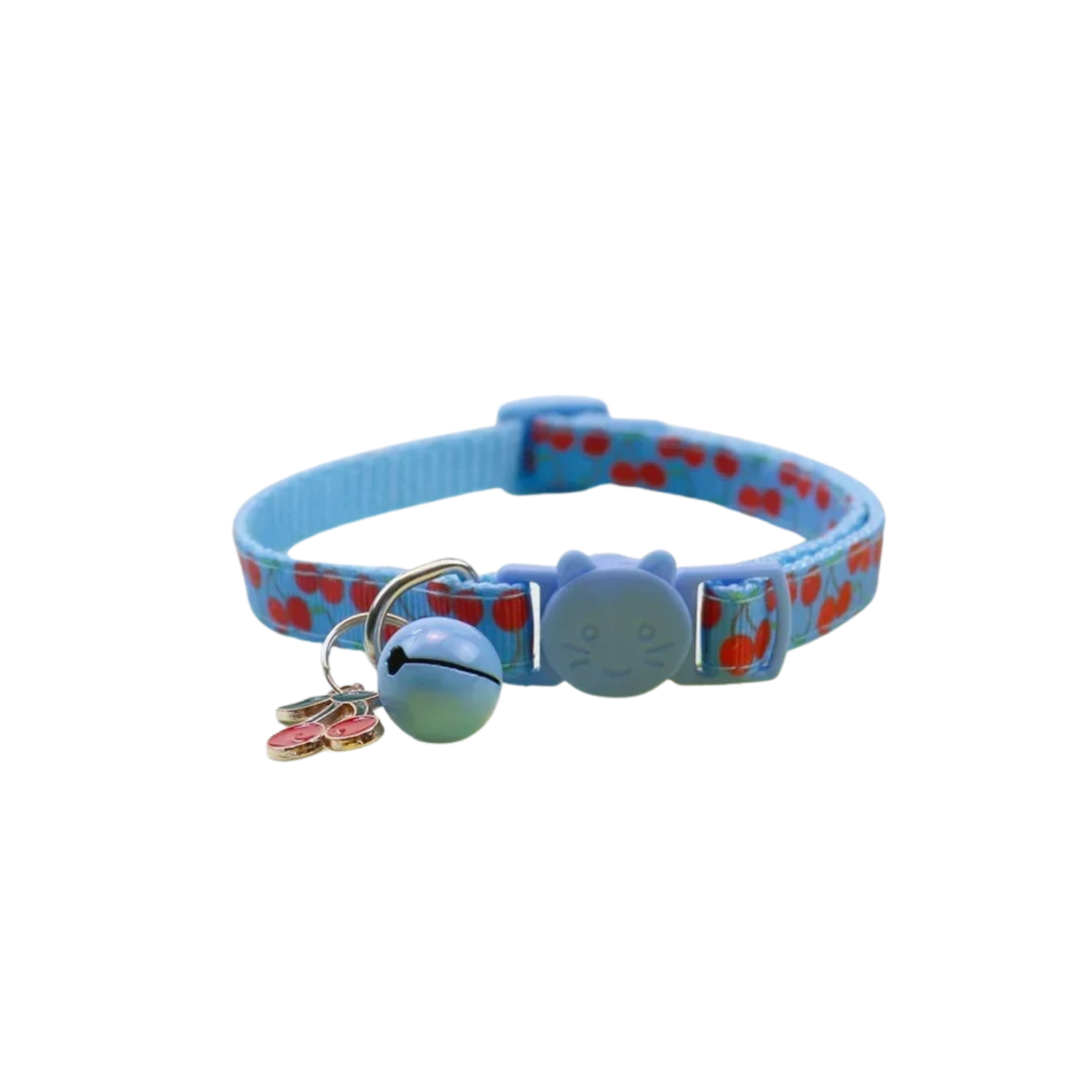 Collier pour chat bleu à motifs rouges avec clochette et breloques, similaire à laisse chien.