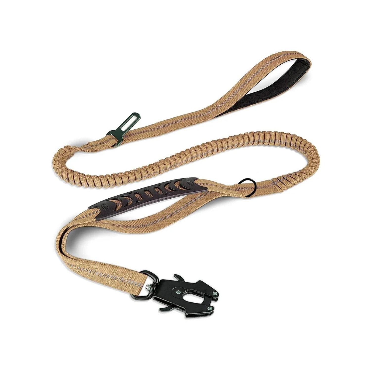 Laisse kaki pour chien avec poignée rembourrée et attache de ceinture de sécurité robuste.