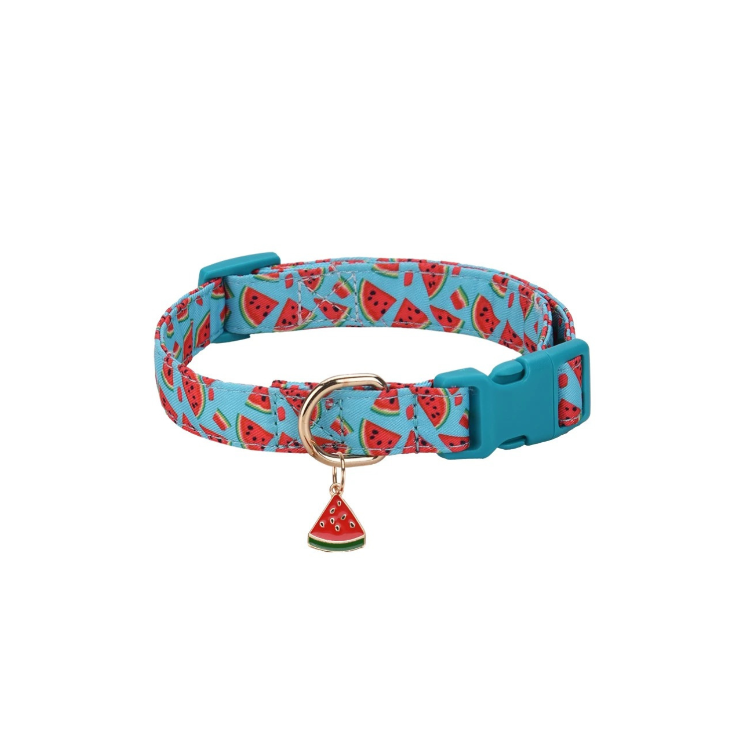 Collier chien bleu avec motifs pastèque et breloque pastèque assortie.