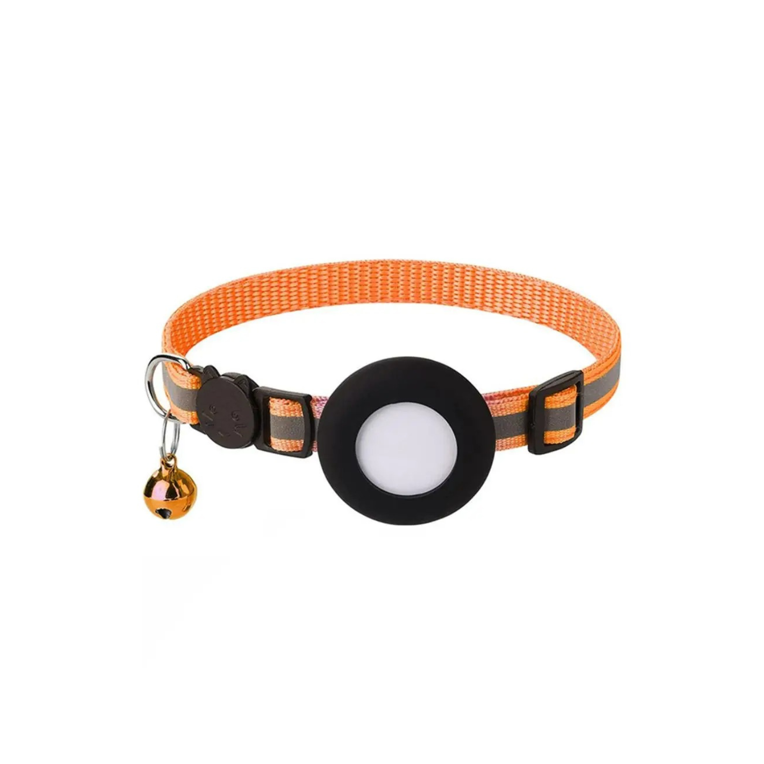 Collier chat orange avec porte AirTag rond réfléchissant et petite clochette, ajustable pour chien.