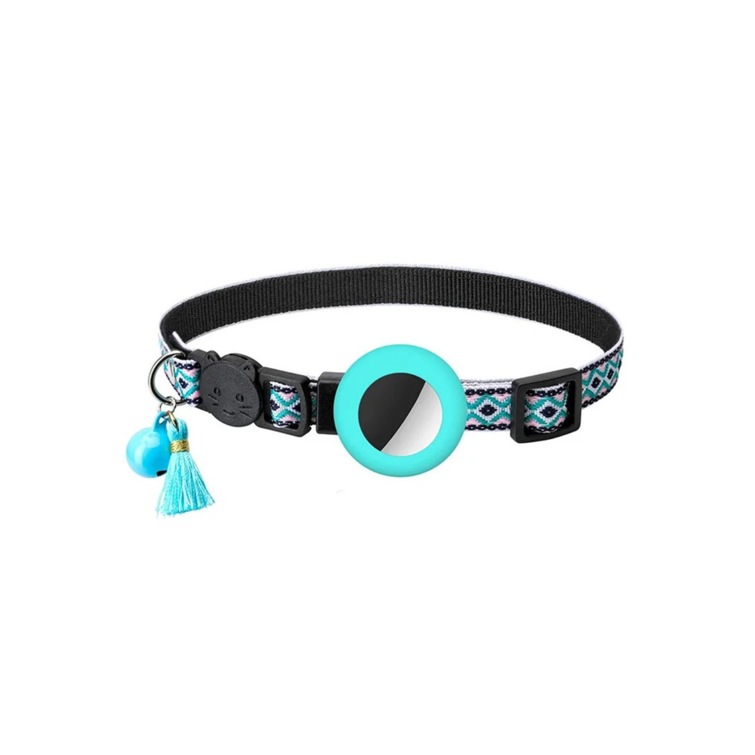 Collier chat mint avec médaillon, breloques et design tissé bleu, laisse compatible.
