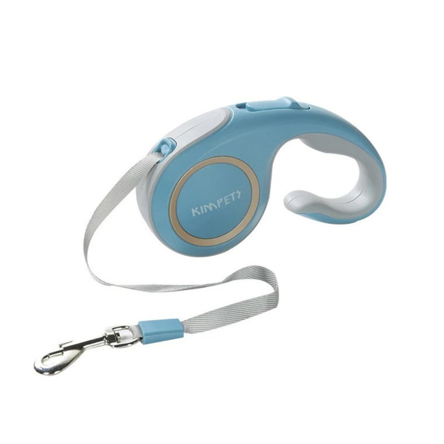 Laisse enrouleur bleu design avec poignée ergonomique et attache métal pour chien.