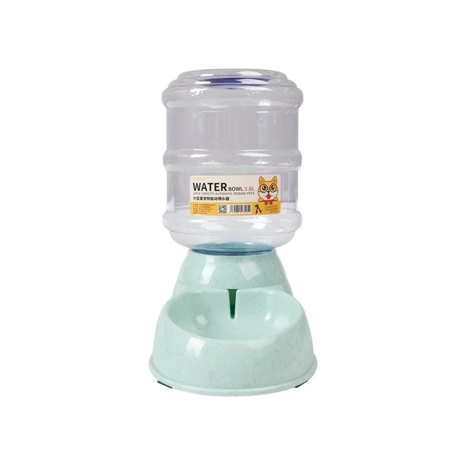 Distributeur d'eau turquoise en plastique avec gamelle intégrée pour chien.