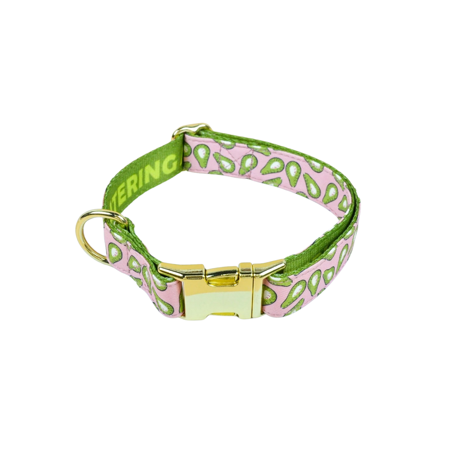Collier chien motif avocat en tissu vert avec boucle métallique dorée.