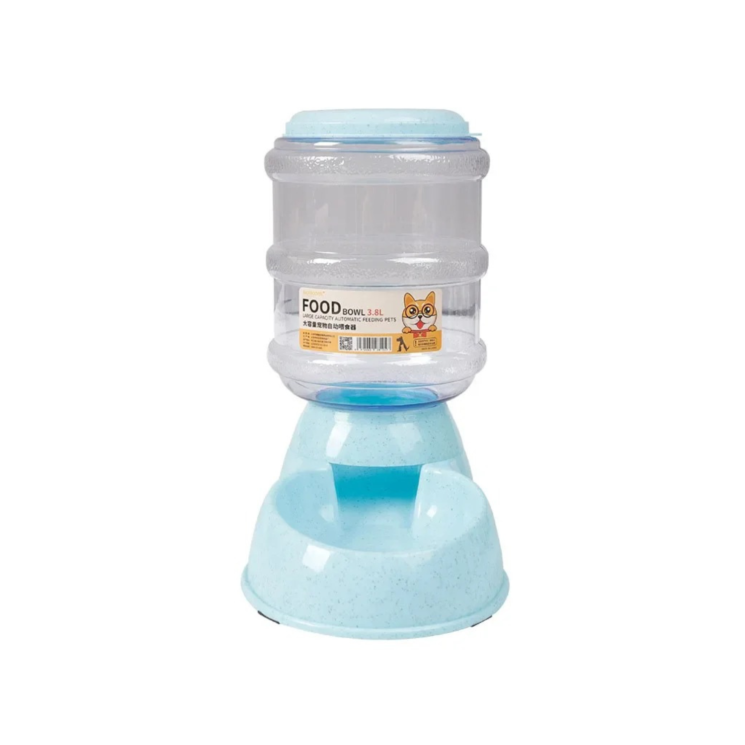 Distributeur de croquettes bleu avec gamelle intégrée pour chien, laisse et collier assortis.