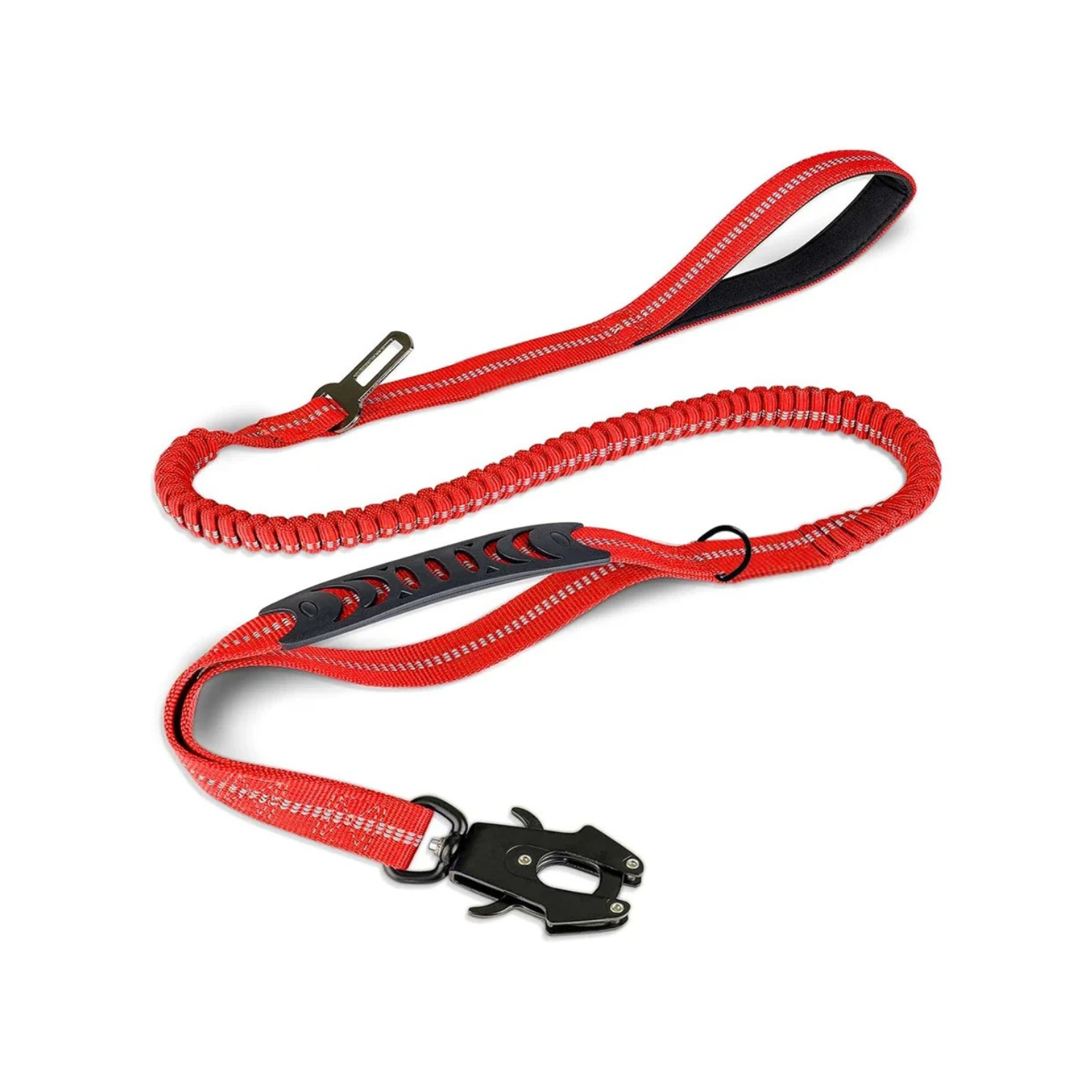 Laisse rouge pour chien avec absorption de chocs et clip de sécurité robuste.