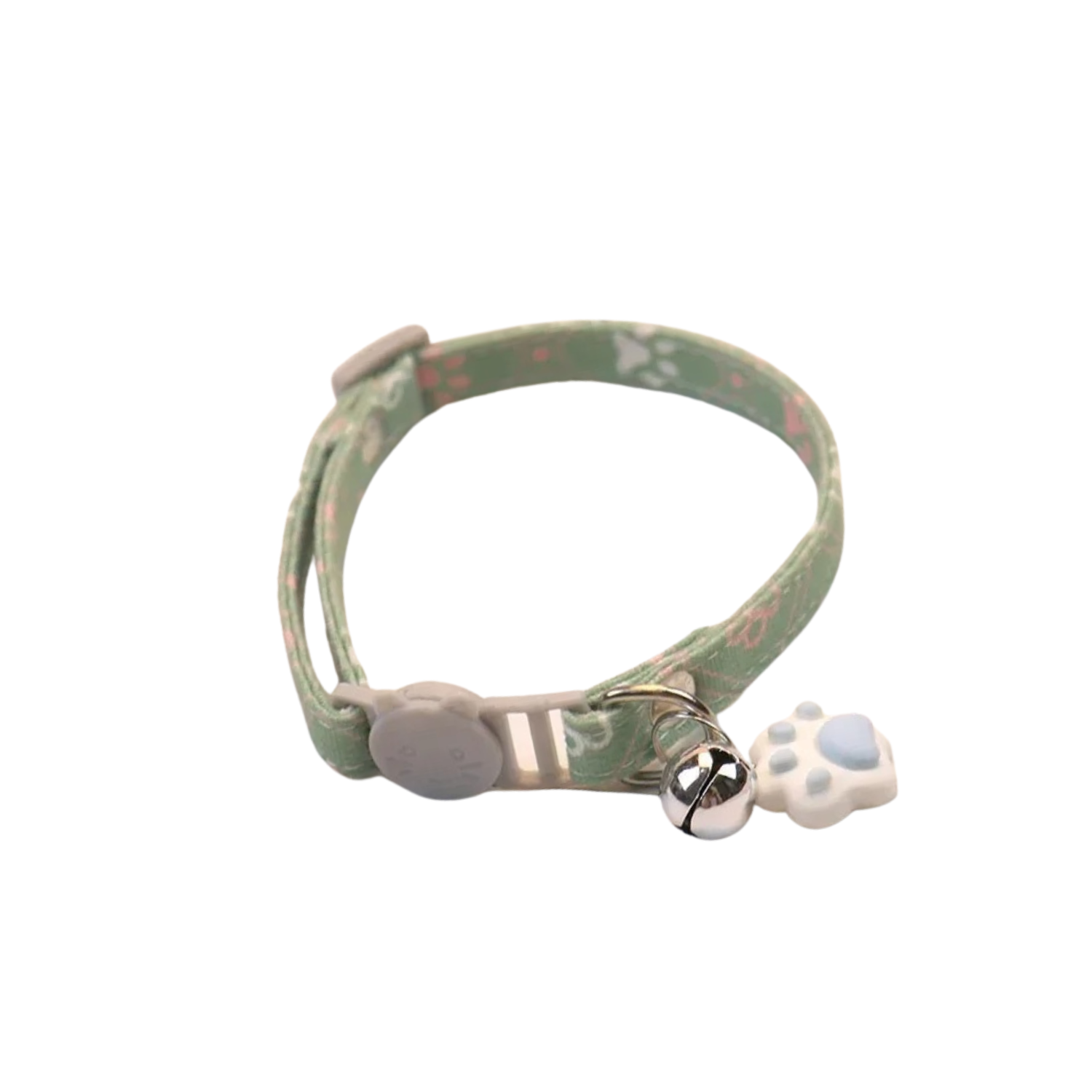 Collier chat kaki avec petit pendentif patte et clochette, adapté pour chien ou chat.