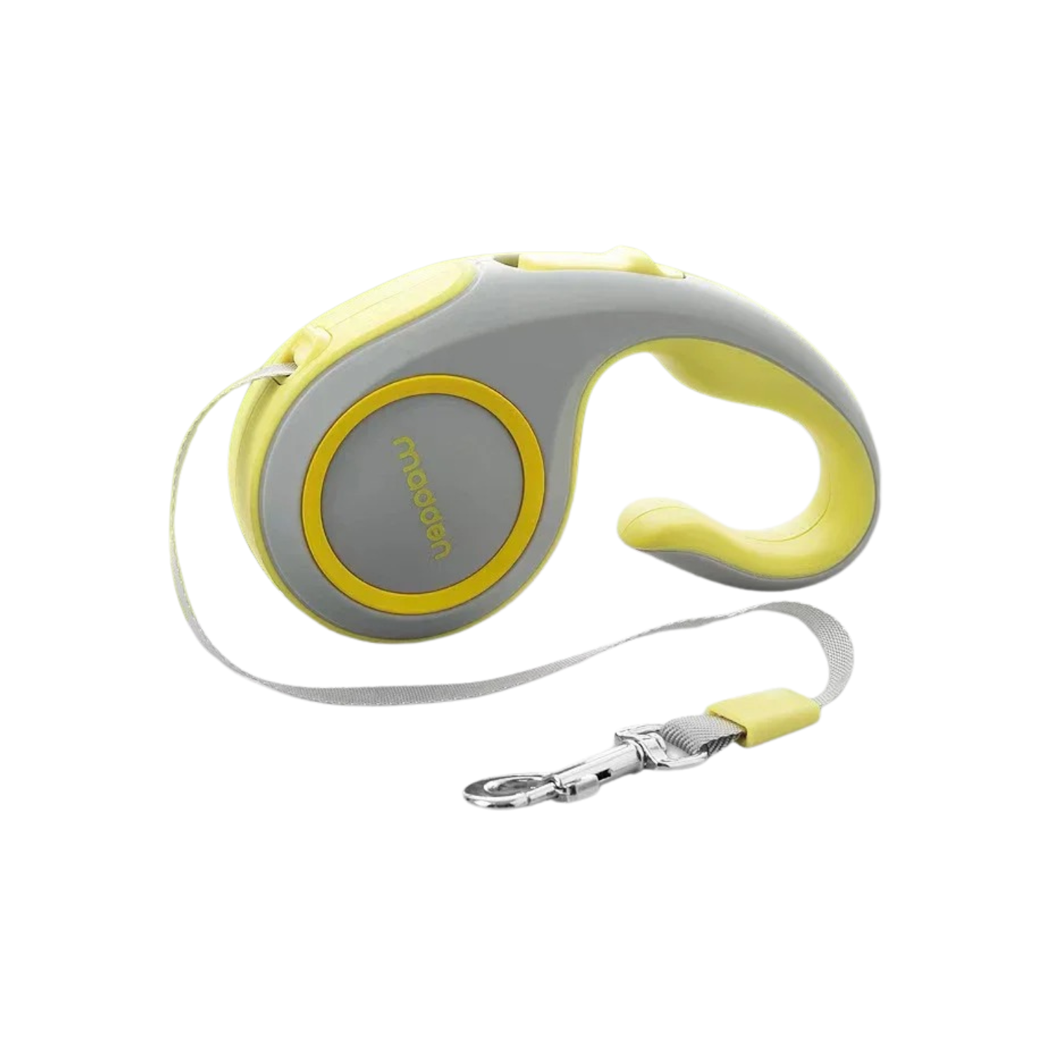 Laisse enrouleur jaune fluo pour chien avec poignée ergonomique et attache métallique.