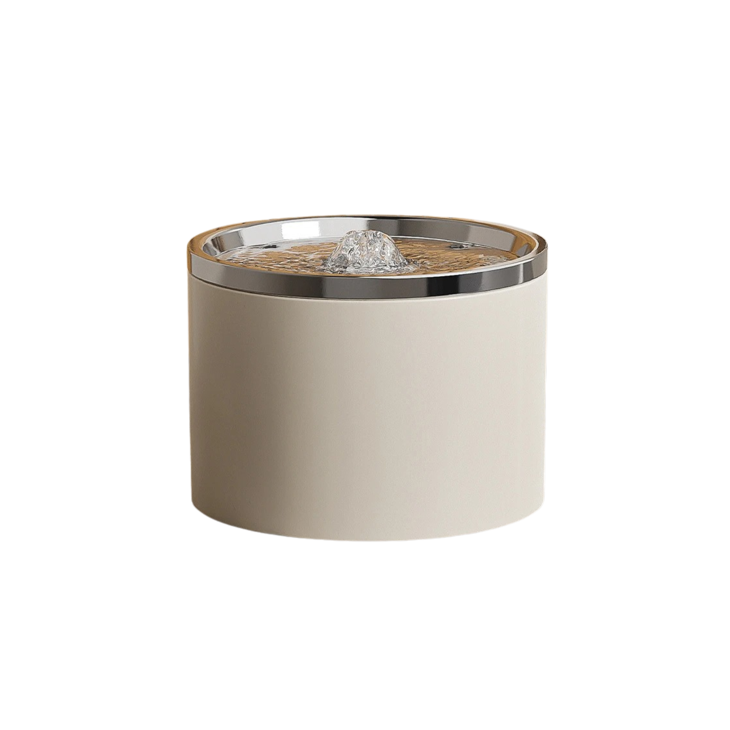 Fontaine en céramique beige avec bordure argentée pour chien, idéale comme gamelle d'eau.