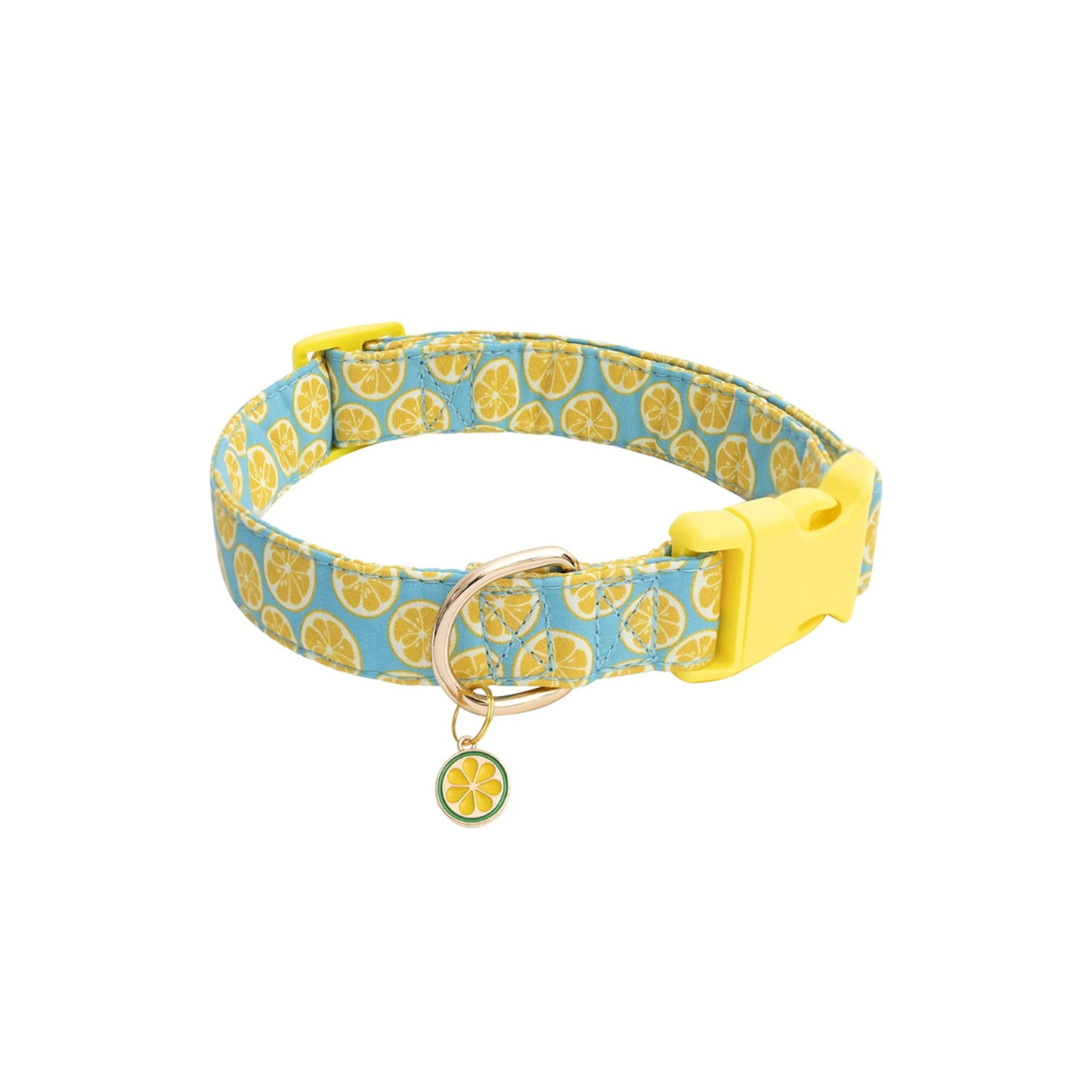 Collier chien jaune avec motif citron, boucle plastique et médaille assortie.