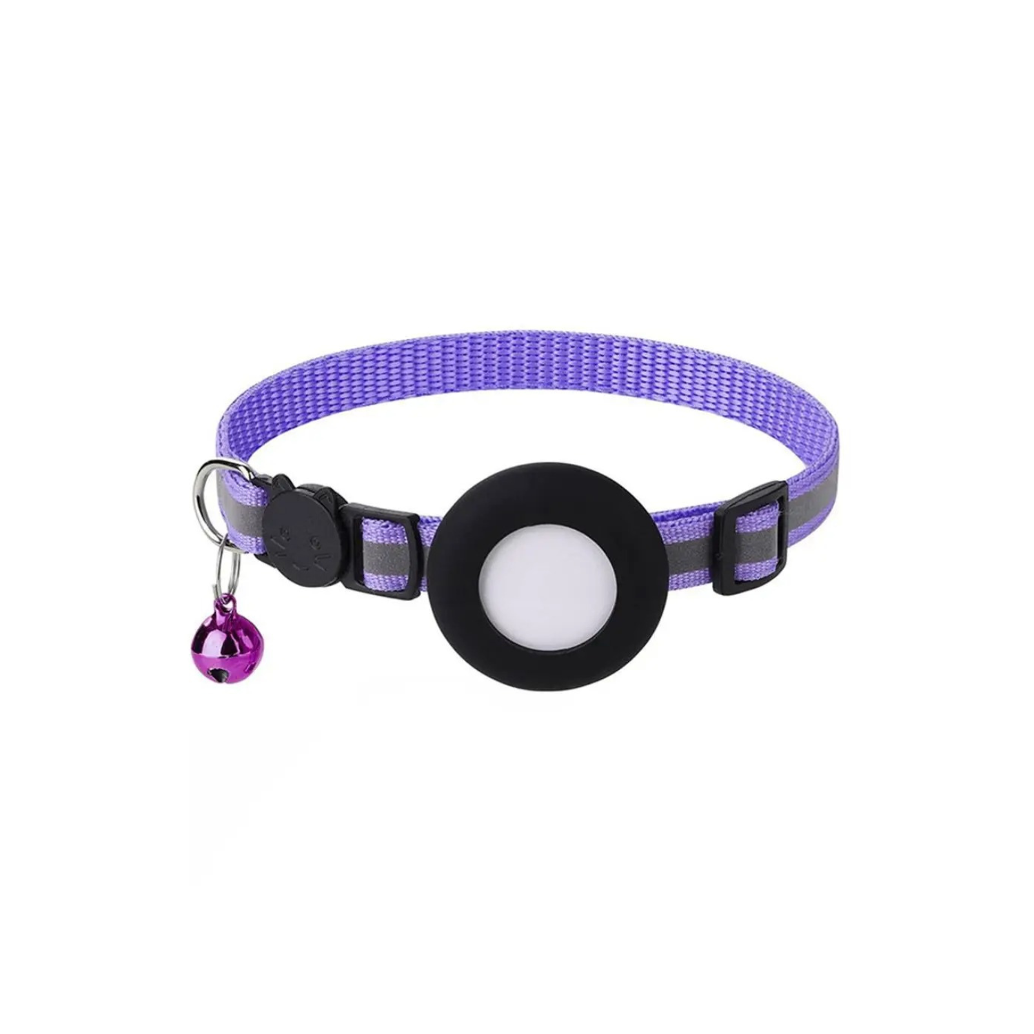Collier pour chien violet avec porte AirTag réfléchissant et clochette attachée.
