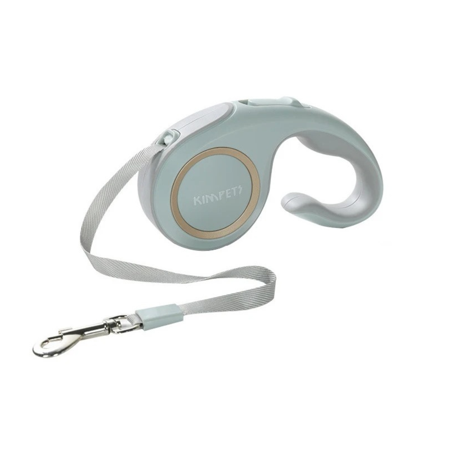 Laisse enrouleur bleu pastel avec poignée ergonomique et crochet métal pour chien.