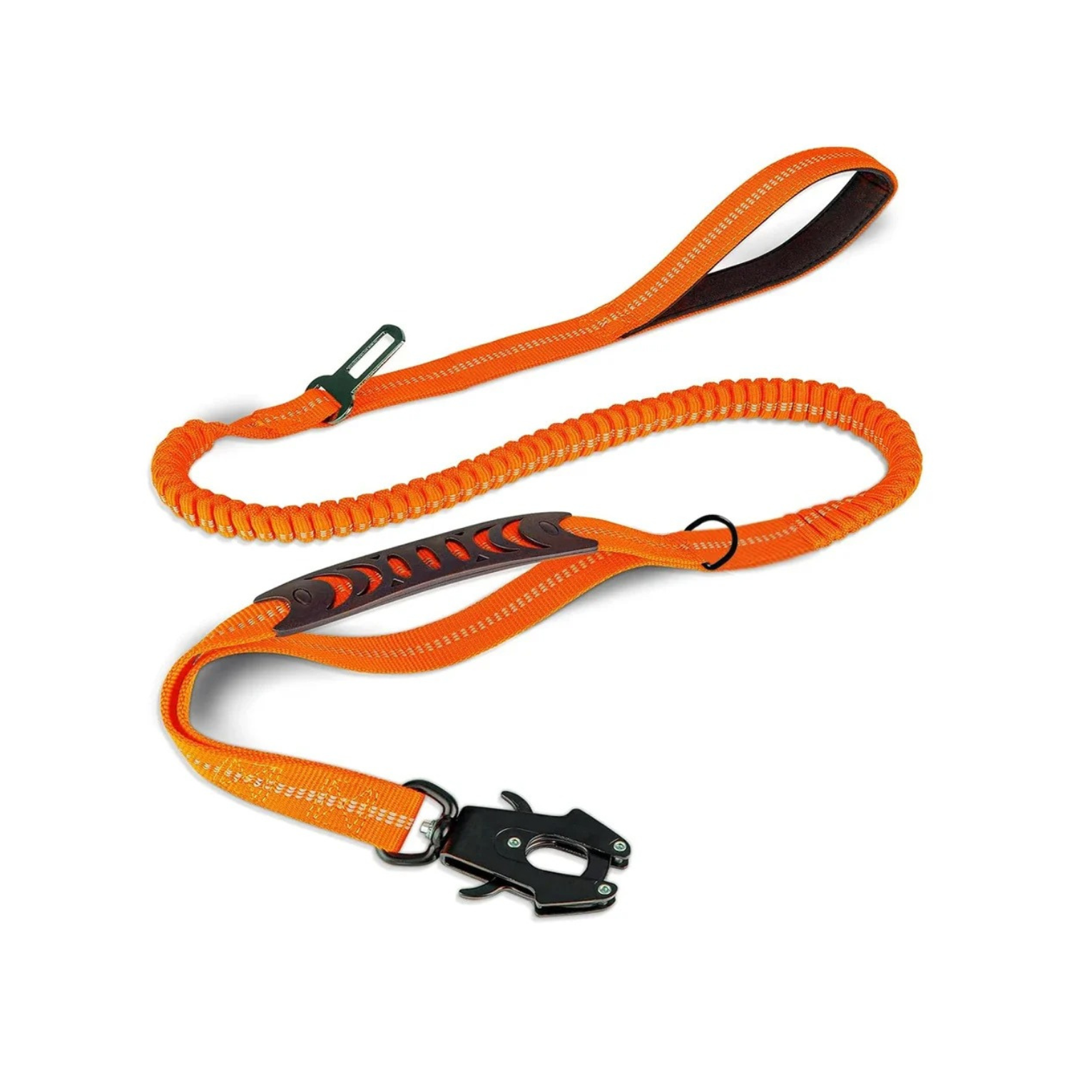 Laisse orange pour chien avec absorption de chocs et fixation ceinture de sécurité, poignée rembourrée.