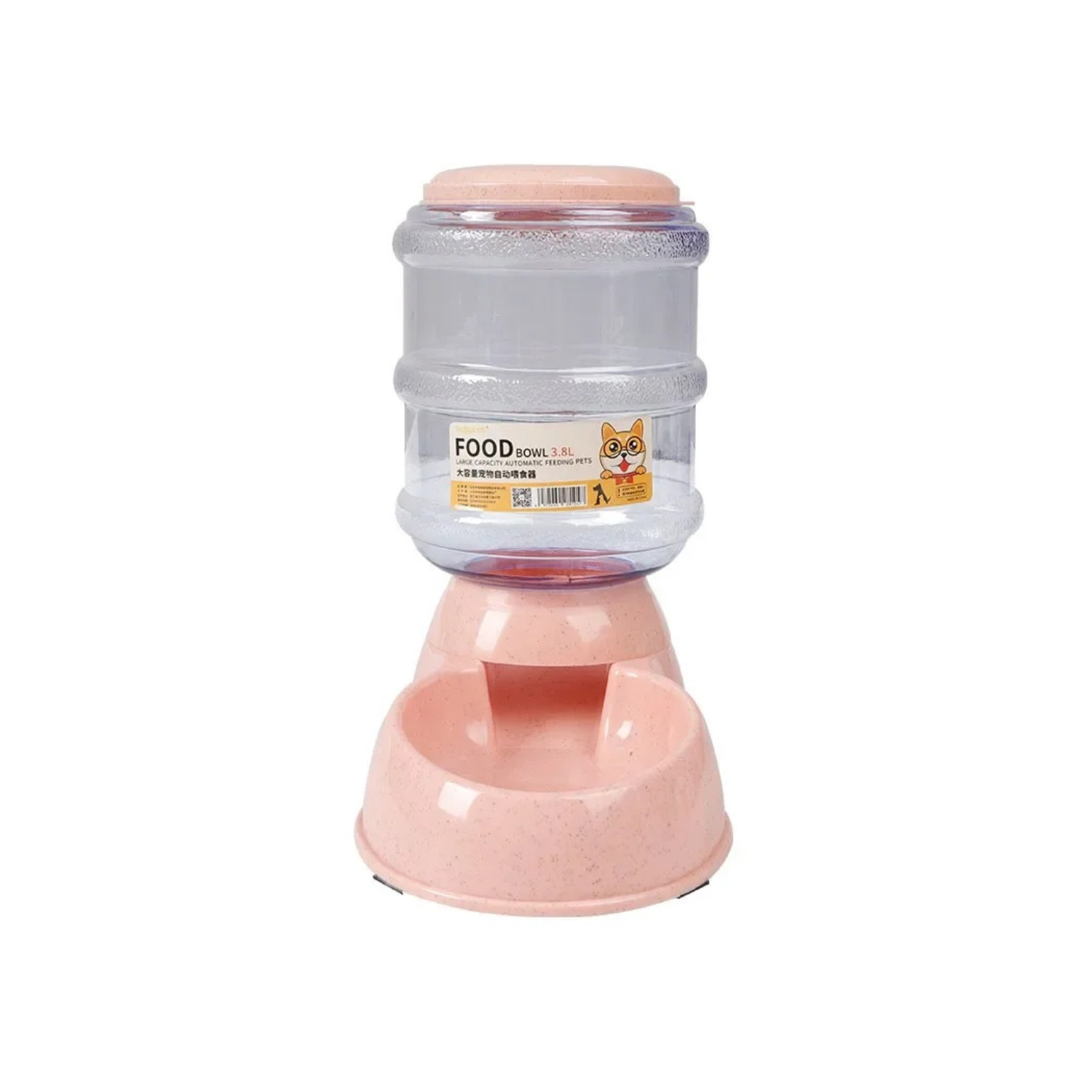 Distributeur de croquettes rose avec gamelle intégrée pour chien, laisse et collier assortis visibles.