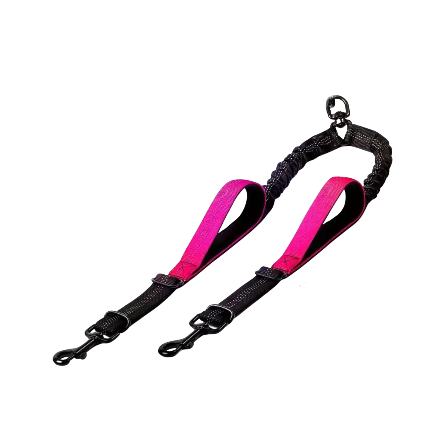 Laisse double fuchsia avec poignées confort et mousquetons pour chien.
