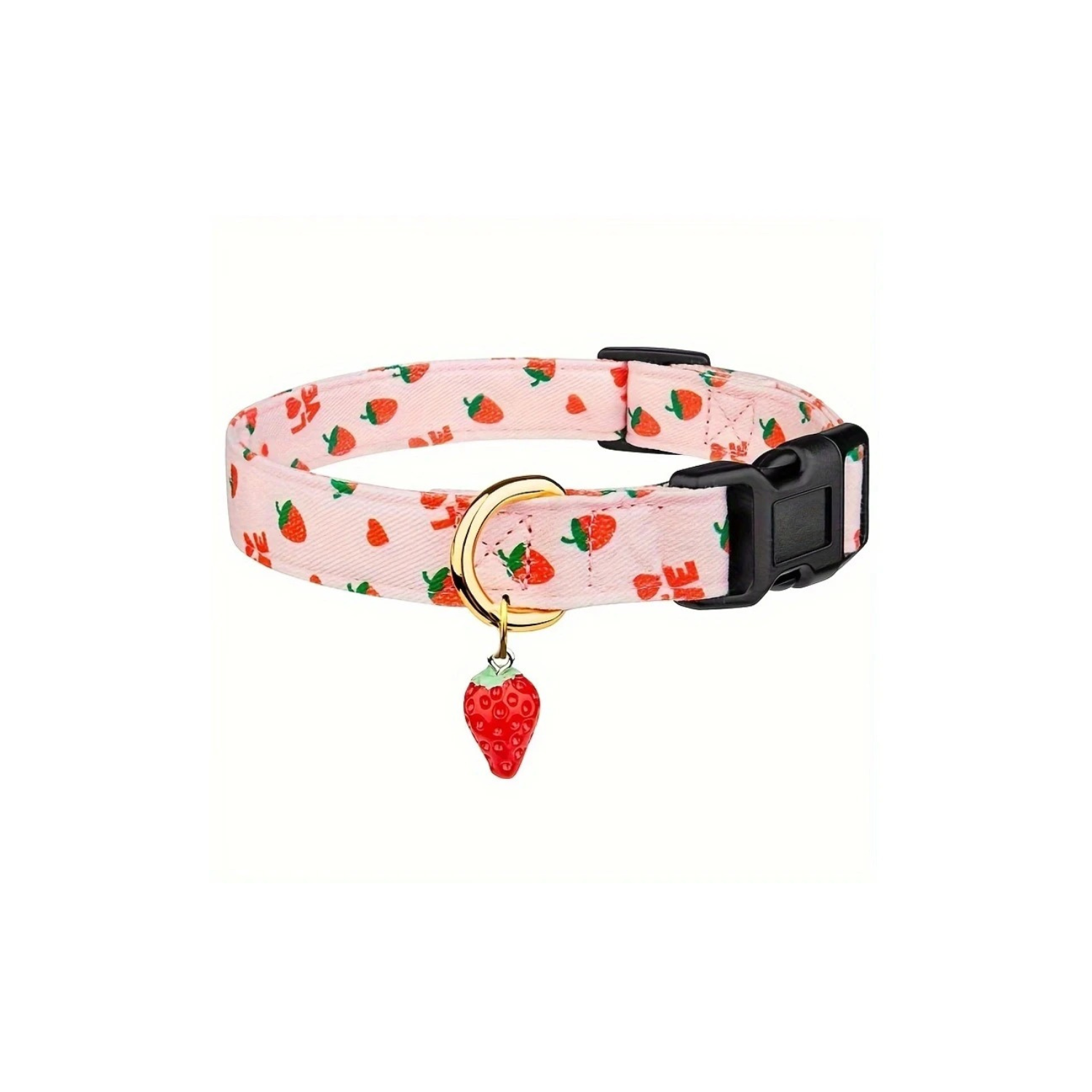 Collier chien rose avec motif fraises et breloque fraise, boucle noire en plastique.