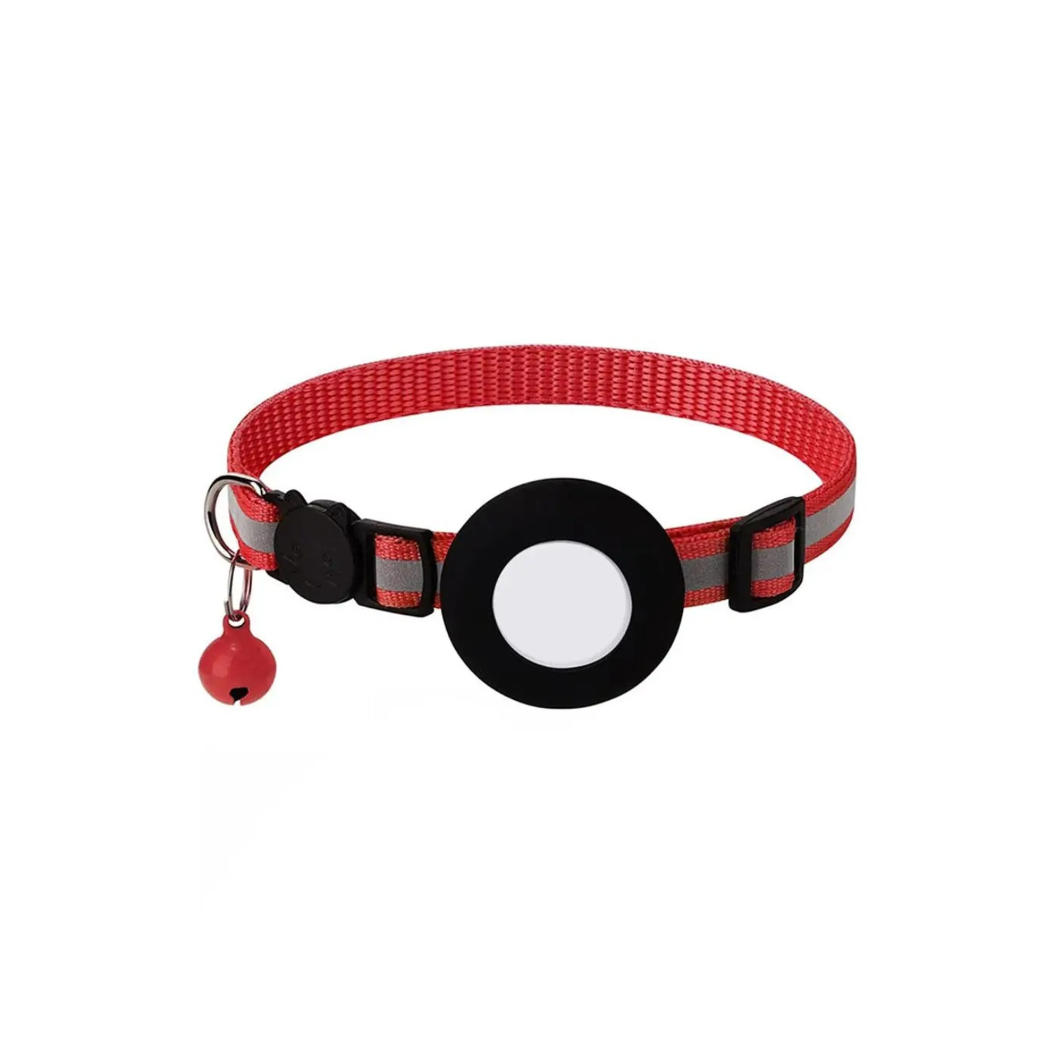 Collier chien rouge réfléchissant avec porte AirTag rond et petite clochette attachée.