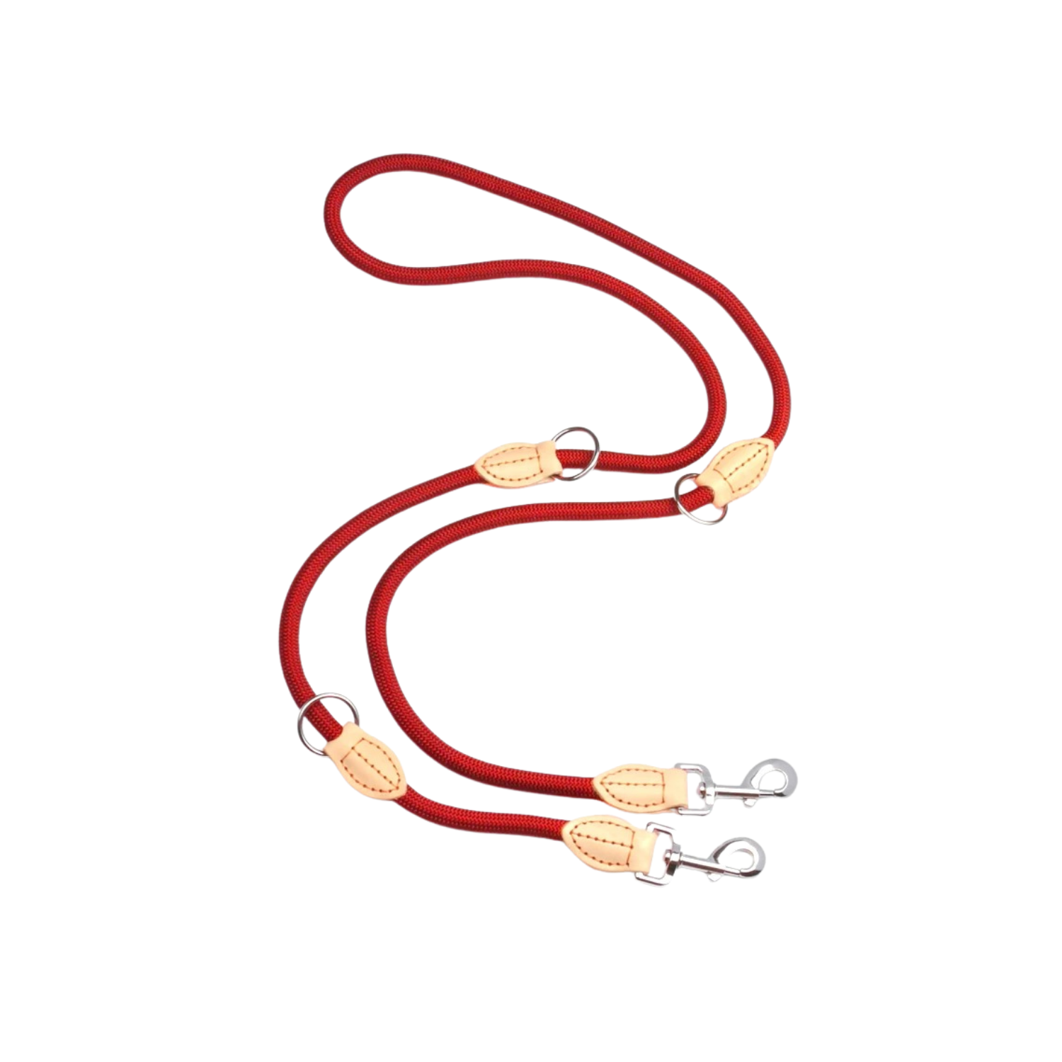 Laisse double rouge avec attaches métalliques pour chien, style moderne et robuste.
