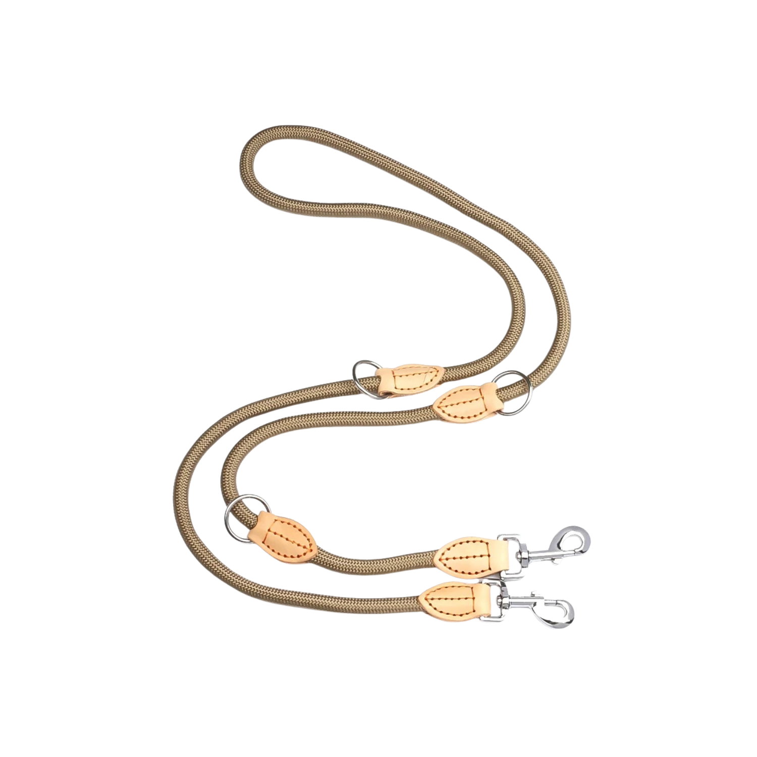 Laisse double beige en corde avec finitions cuir et mousquetons en métal pour chien.