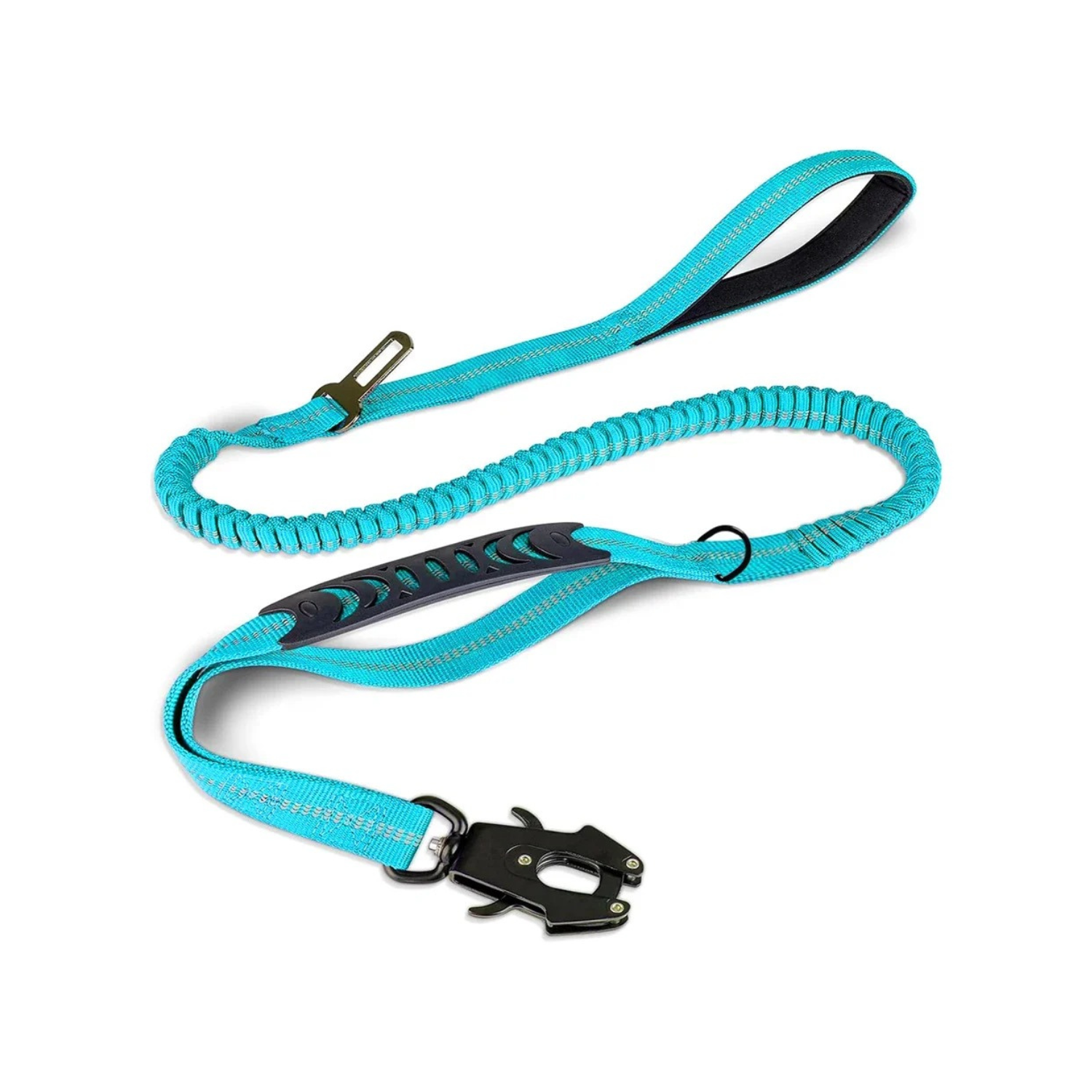 Laisse bleue pour chien avec sangle absorbant les chocs et clip de ceinture de sécurité.