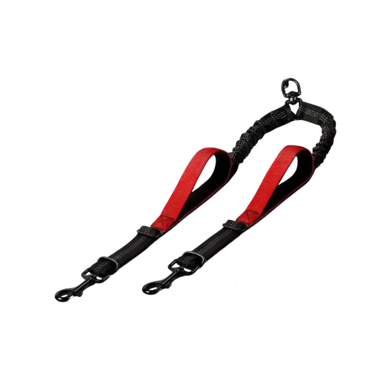 Laisse double rouge avec poignées comfort pour chien, attaches métal robustes.