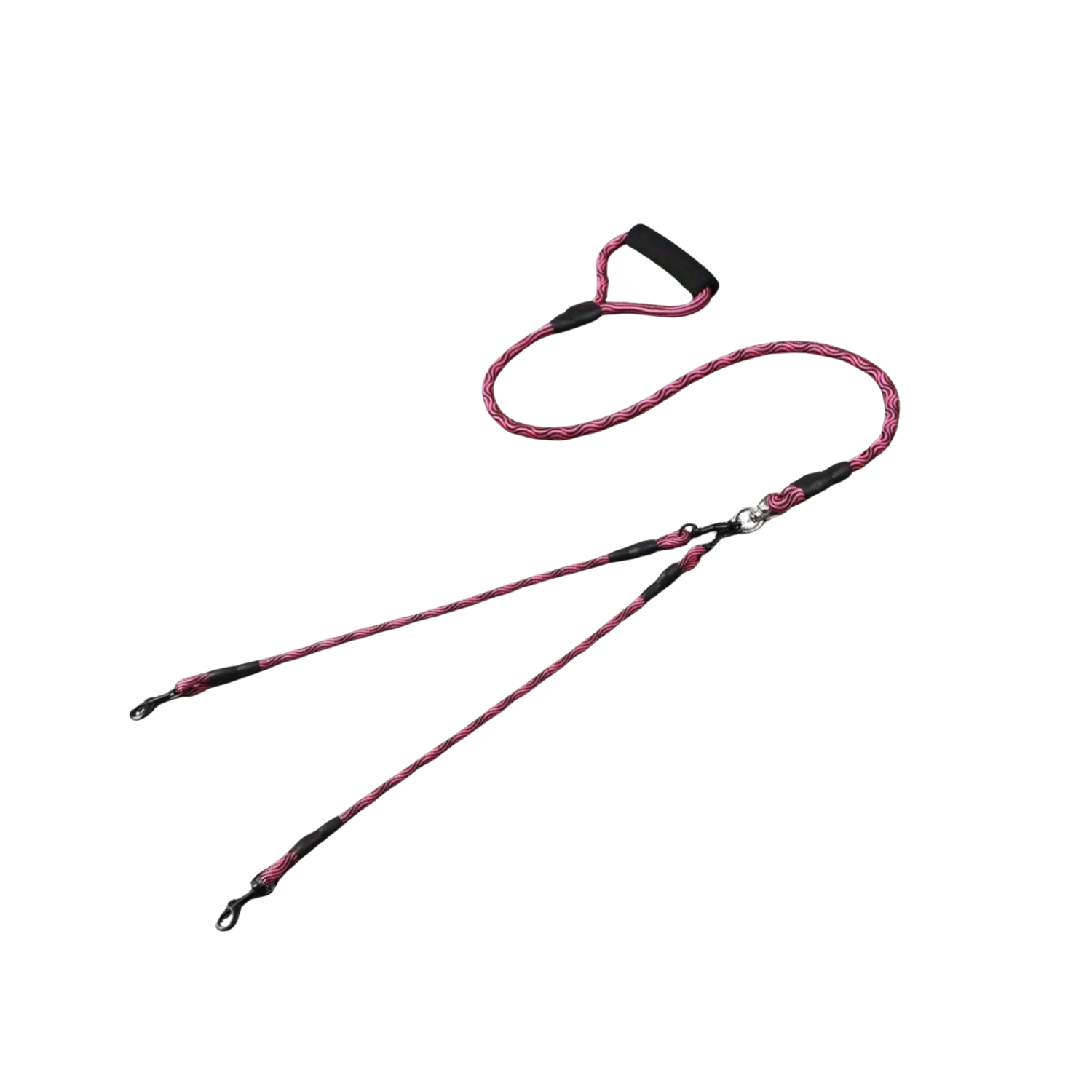 Laisse double rose pour chien avec poignées rembourrées et attaches métalliques.